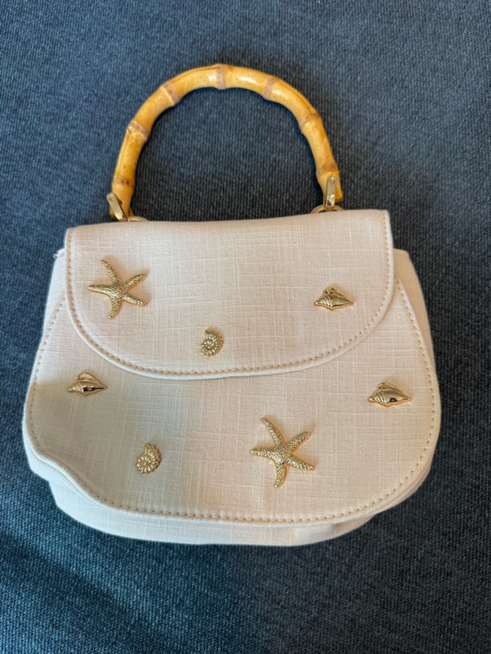 Coastal Cream Starfish Embellished Top-Handle Bag with Bamboo Handle
